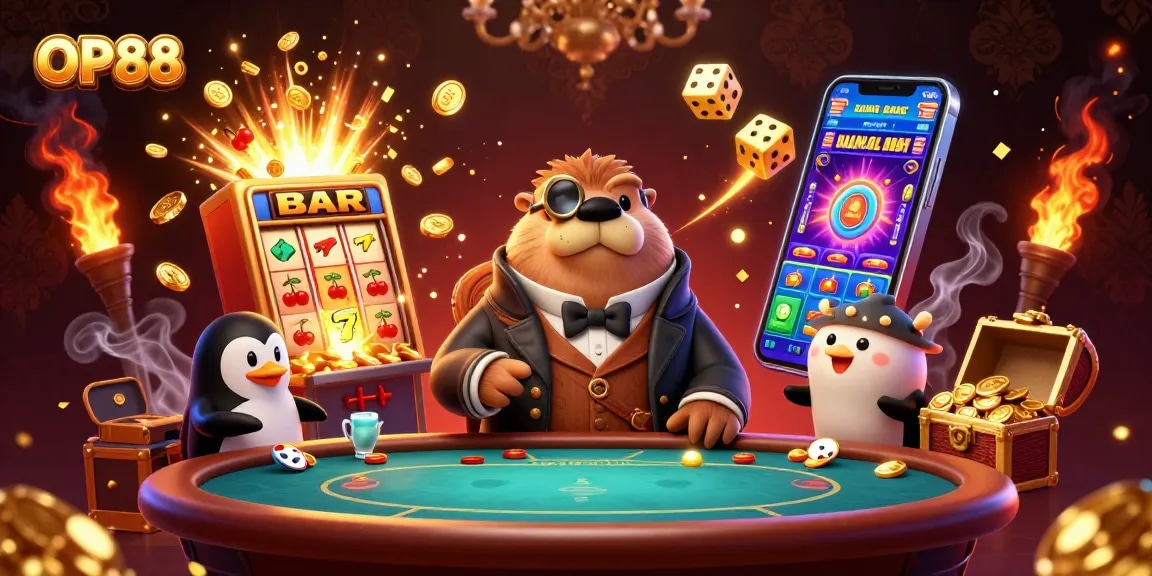 Win big at OP88 with a jolly walrus, sophisticated dealer, and a bluffing pufferfish at the poker table.