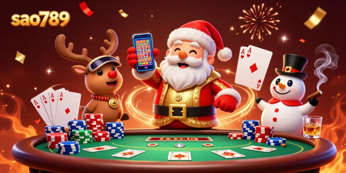 Sao789 brings festive casino excitement with Santa and friends celebrating wins at the poker table.