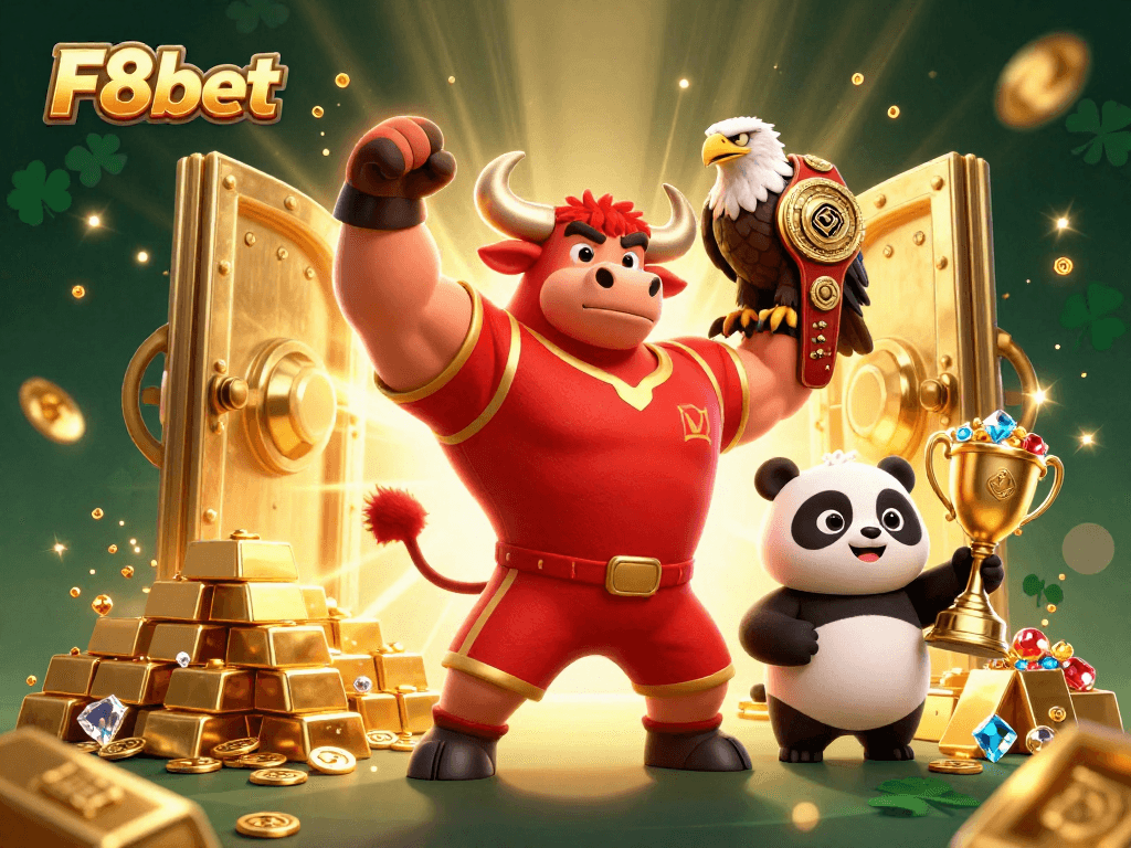 Experience the thrill of F8bet's online gambling with a dynamic 3D illustration featuring champions celebrating victory.