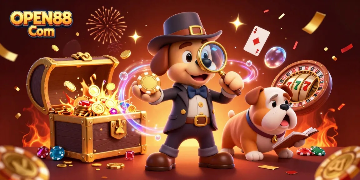 Win big with OPEN88 Com by exploring a vibrant casino scene filled with poker chips and celebrations.