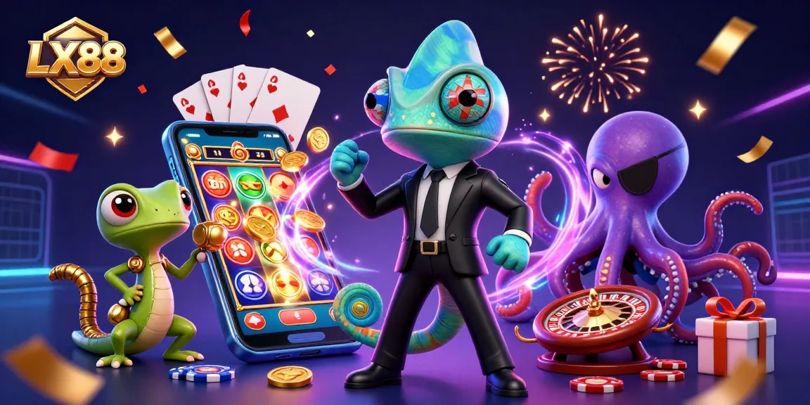 Engage with exciting gaming adventures at LX88 with immersive casino characters amidst a vibrant backdrop.