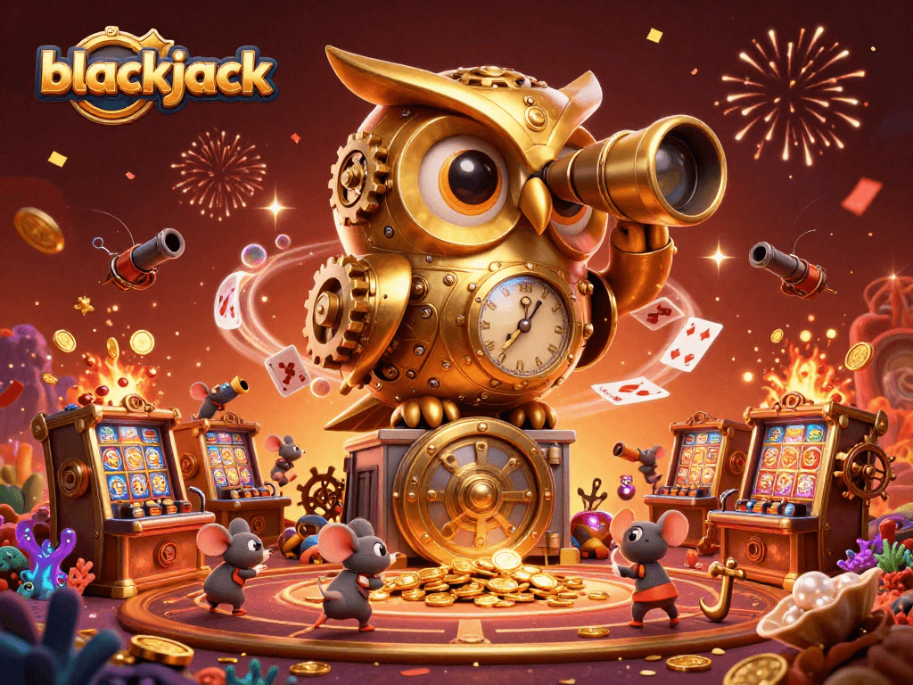 Experience thrilling blackjack action in a vibrant casino scene with a golden owl and festive elements.