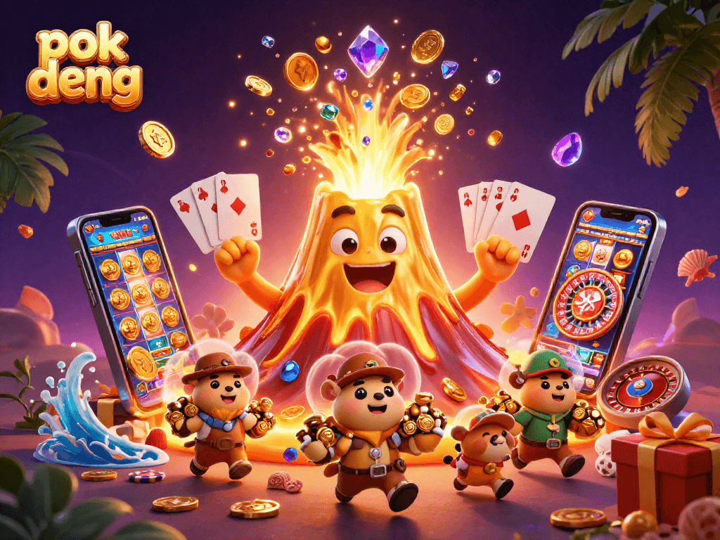 Experience the thrill of pok deng gameplay with vibrant 3D elements and animated treasures erupting in excitement.