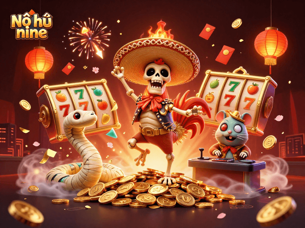 Nổ hũ nine features a lively 3D scene with vibrant characters celebrating jackpot wins, rich in casino elements.