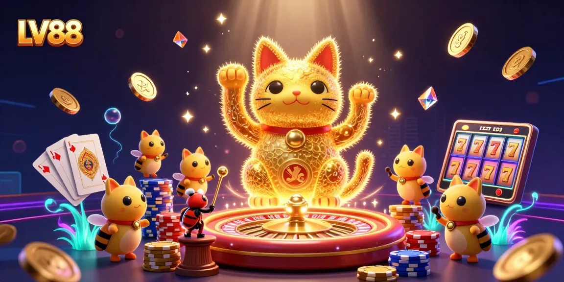 Experience the thrill of LV88 with a lucky cat and vibrant casino elements.
