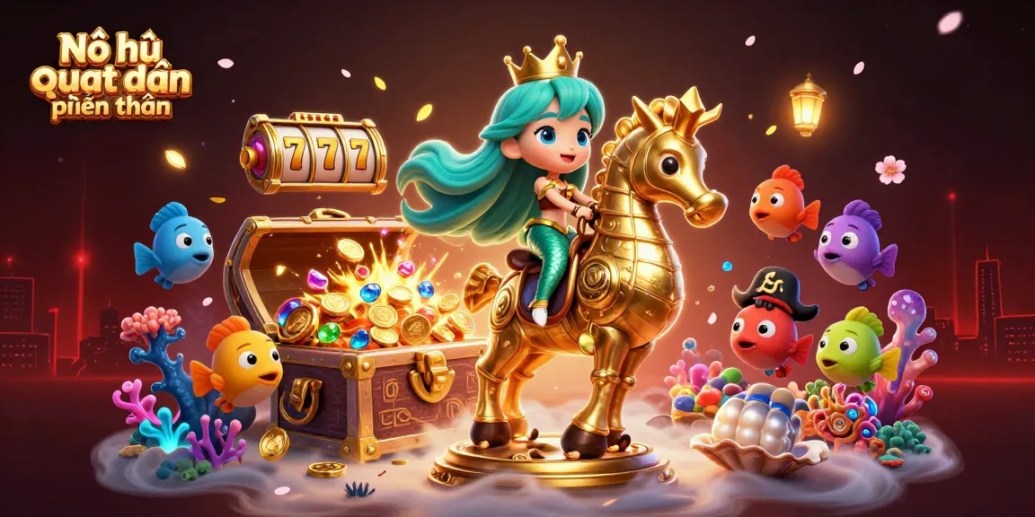 Nổ hũ quyết chiến tiền thưởng showcases a vibrant underwater casino adventure featuring colorful characters and dynamic slot reels.