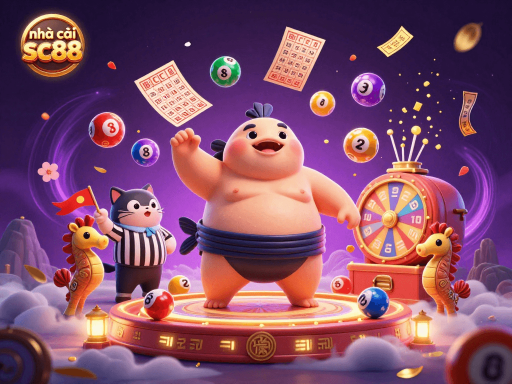Engage with nhà cái sc88 through a lively lottery scene featuring a unique fugu character.