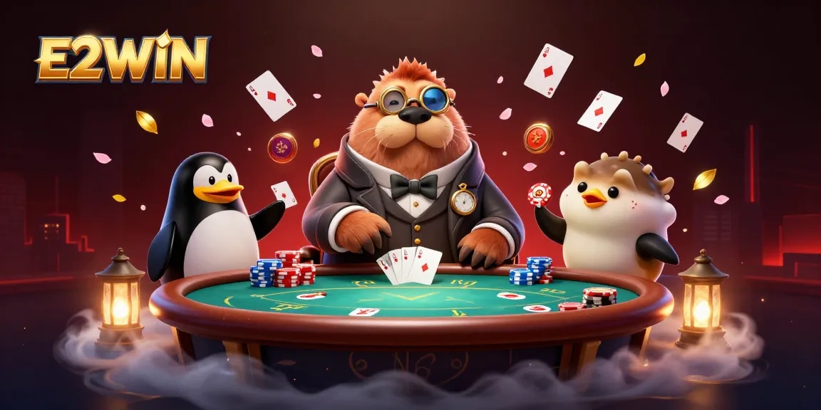 E2WIN players engage in a thrilling poker game with a walrus, penguin dealer, and a bluffing pufferfish.