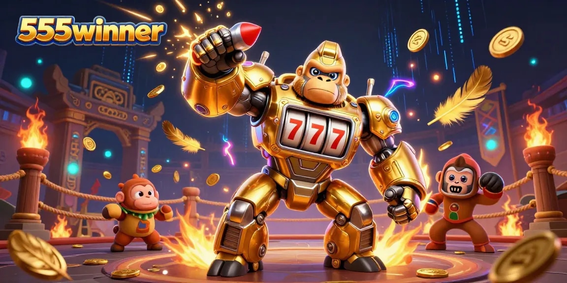 Engage with 555winner's dynamic casino scene featuring a striking golden gorilla mech amid thrilling action.