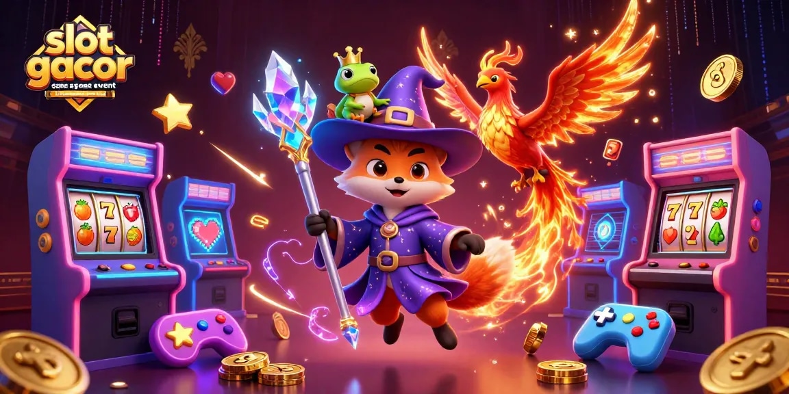 Experience slot gacor games event gacor hari ini with dynamic characters and rich casino visuals in a vibrant illustration.
