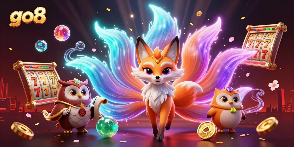 Experience big wins at go8 with vibrant characters and dynamic slot elements in a colorful casino scene.