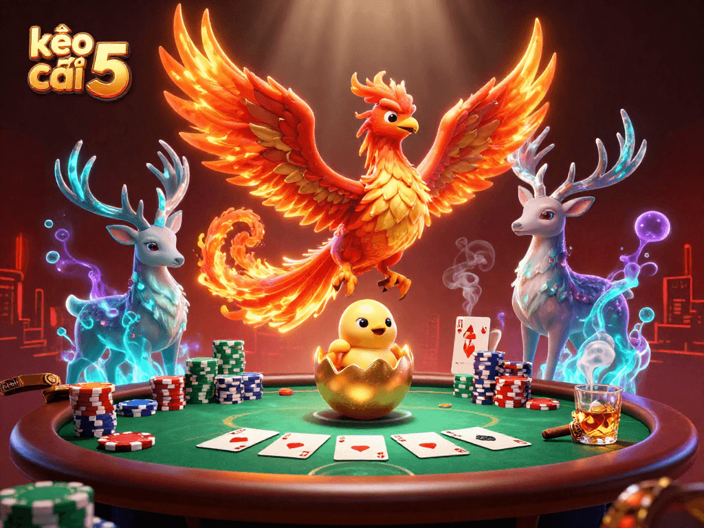 Engage in winning strategies with kèo nhà cái 5 across a stunning casino scene featuring a phoenix and poker elements.