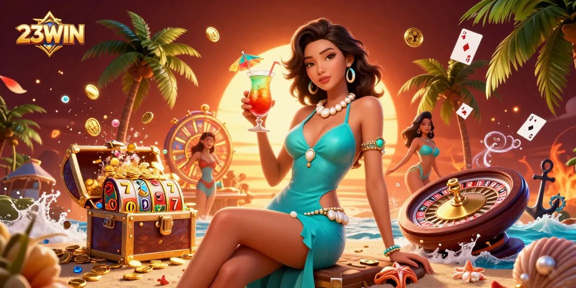 Experience the thrill of 23WIN with vibrant casino elements and glamorous scenes.