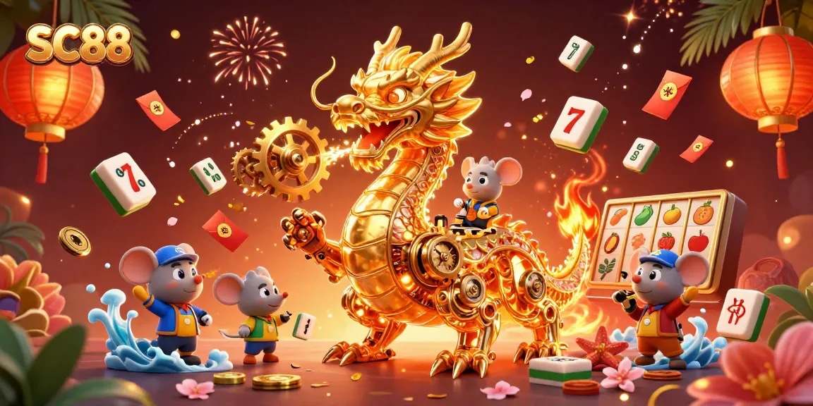 Experience SC88's thrilling golden dragon mechanic in a bustling casino illustrated scene.