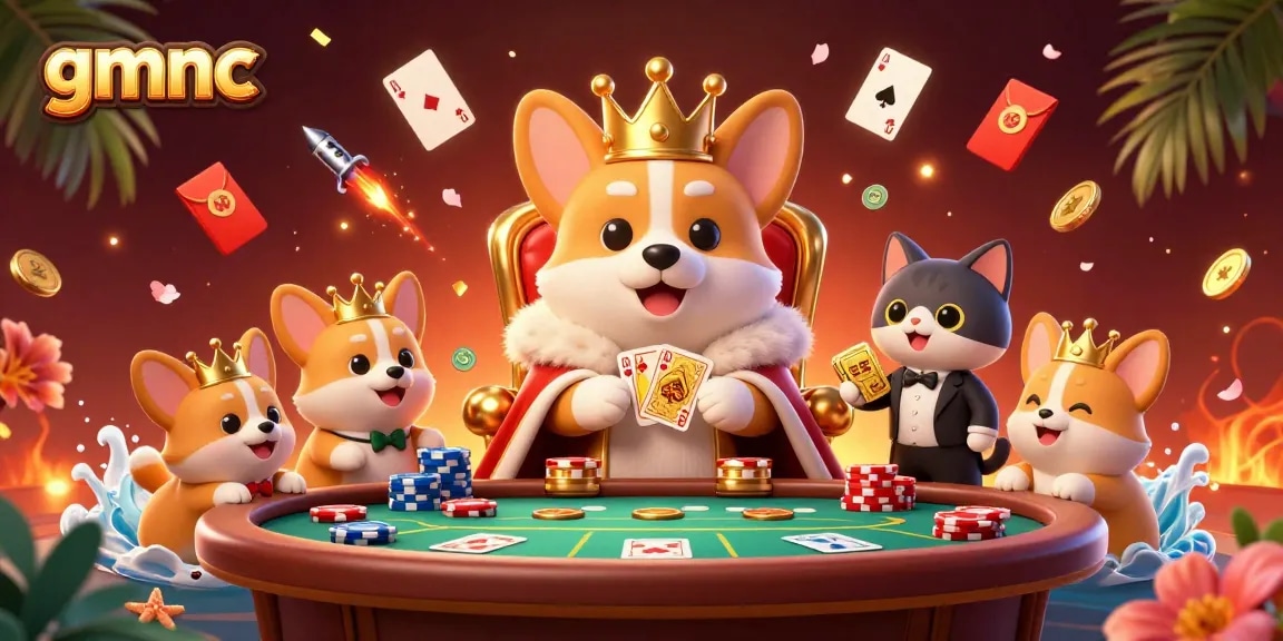 Experience high-stakes poker with gmnc's vibrant casino illustration featuring royal corgis.