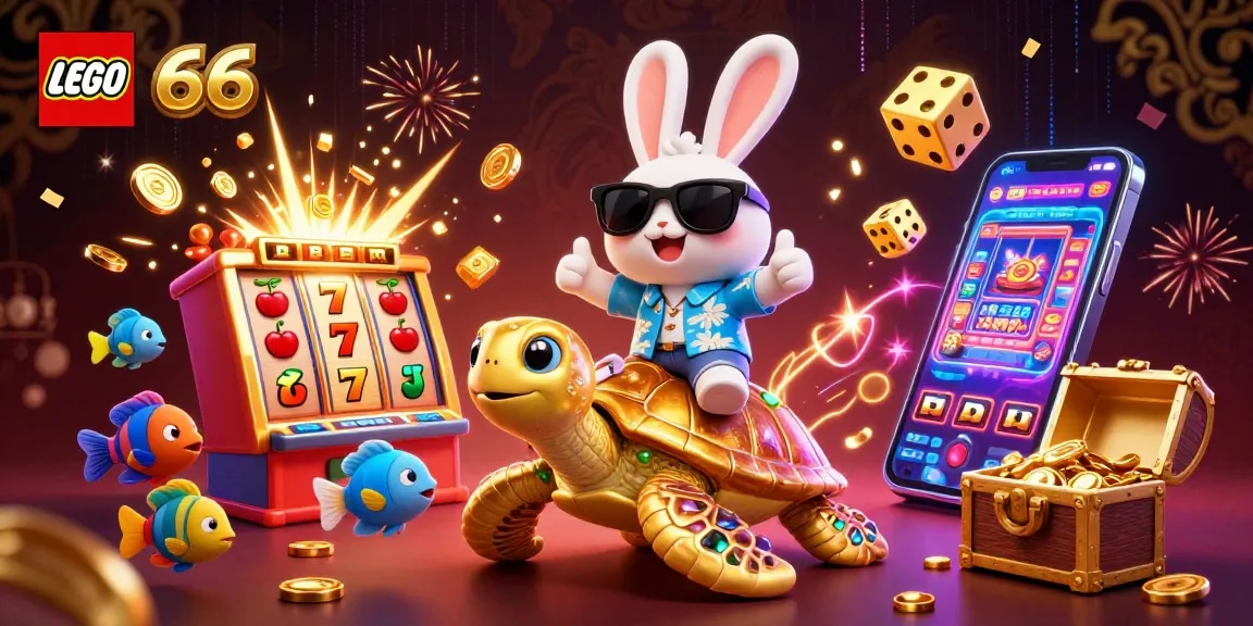 Join the fun with Lego66, a cartoon lucky rabbit and golden turtle in a vibrant casino scene.