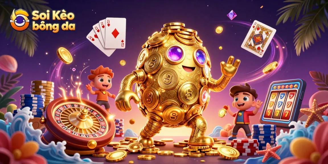 Soi Kèo bóng đá vibrant scene showcasing a winning golden golem and enriched gambling elements, spinning roulette, and winning cards