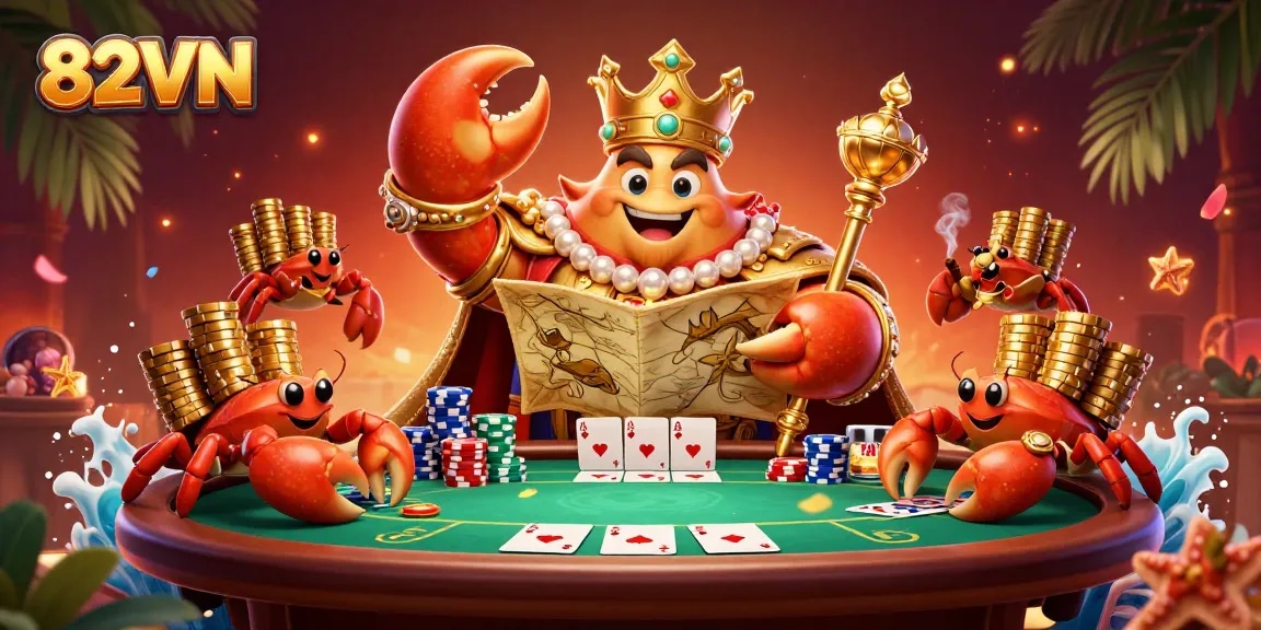 Experience the excitement of 82VN with the golden crab emperor, vibrant poker elements, and rich casino visuals.