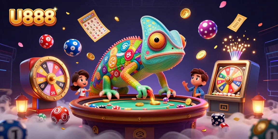 Experience the excitement of U888 with vibrant casino elements and a dynamic chameleon mascot.