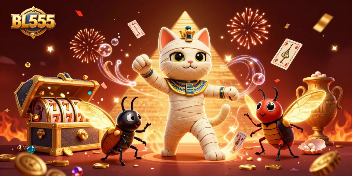 Experience thrilling gaming with BL555's vibrant casino scene featuring a mummy cat and jackpot reels.