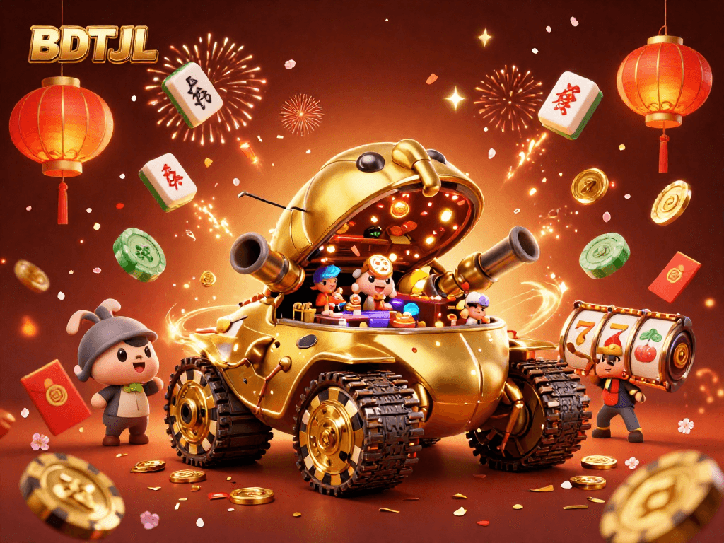 Experience thrilling gameplay with BDTJL's cinematic casino adventure featuring a golden beetle tank and vibrant elements.