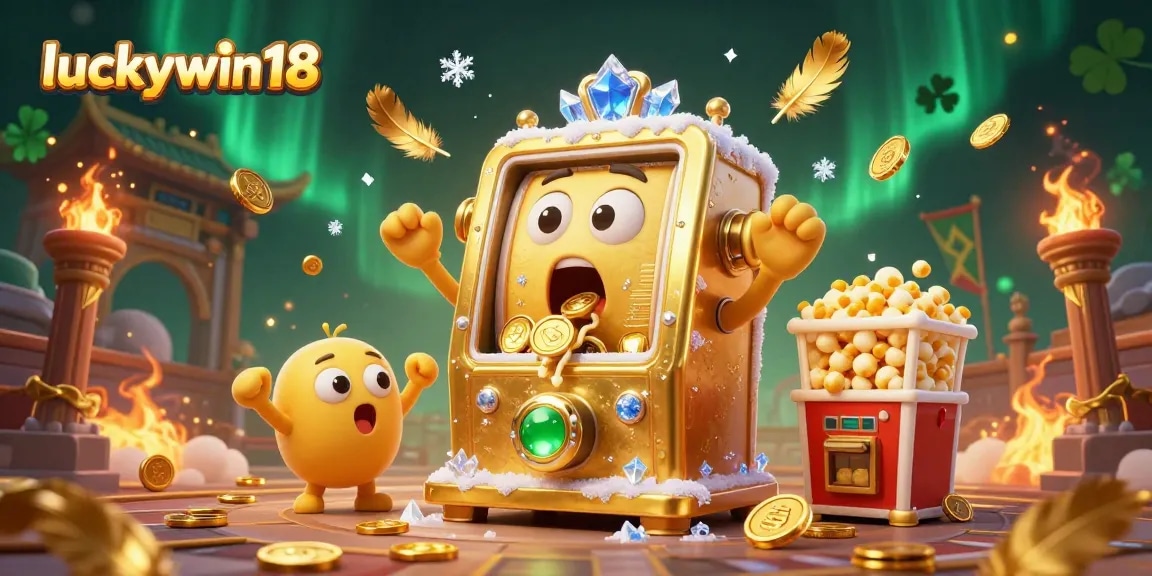 Engage with the luckywin18 slot machine hitting its jackpot, surrounded by cheering smaller machines in a vibrant illustration.