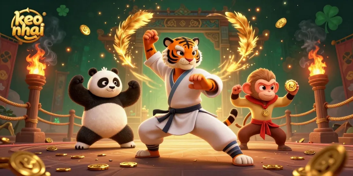 Engage in thrilling keo nha cai with a kung fu tiger and panda disciple surrounded by gold tokens and fiery effects