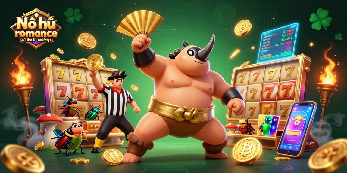 Nổ hũ romance of the three kingdoms features a golden beetle champion surrounded by jackpots and glowing crypto coins.