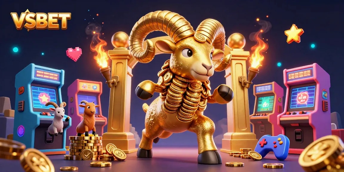 VSBET offers thrilling gaming excitement with a golden ram charging through a dynamic casino landscape.