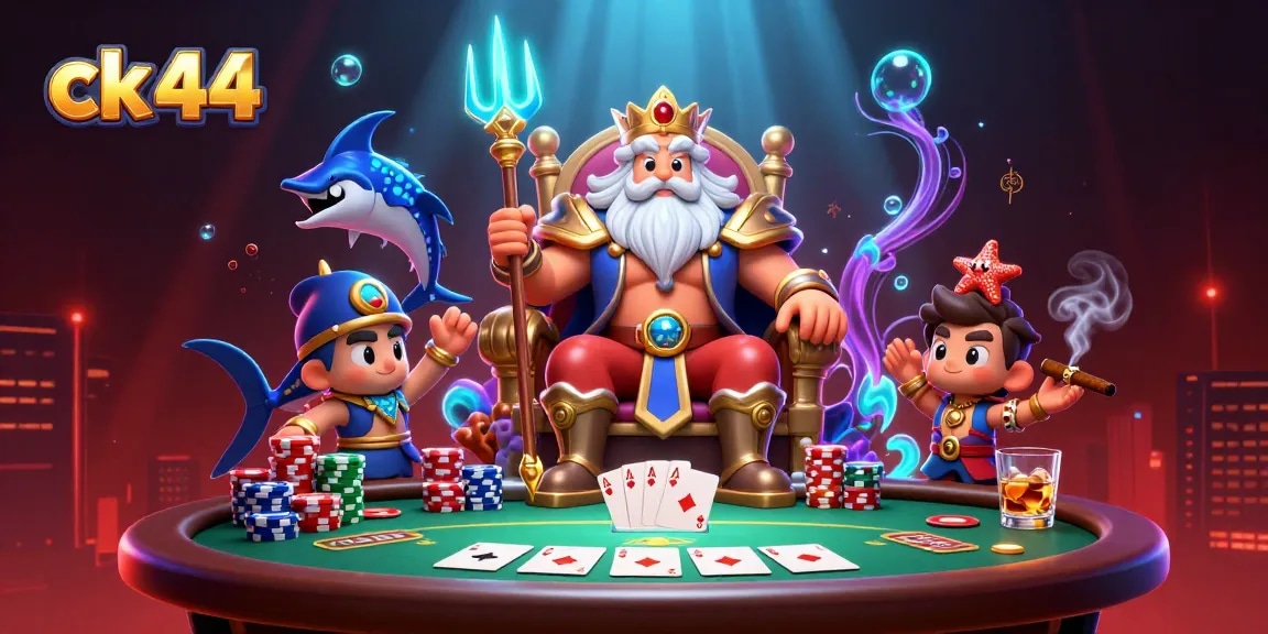 Engage in thrilling poker action at ck 44 with a vibrant underwater casino scene featuring Neptune.