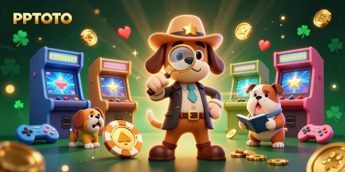 PPTOTO mengajak pemain dalam perburuan harta karun yang menampilkan detektif dan elemen arcade dalam ilustrasi bertema kasino.