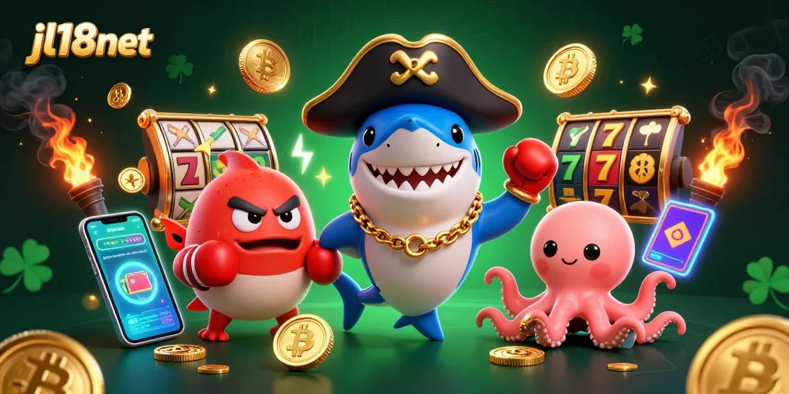 Engage with jl18net’s vibrant casino adventure featuring a pirate shark, pufferfish, and octopus in a rich gaming scene.