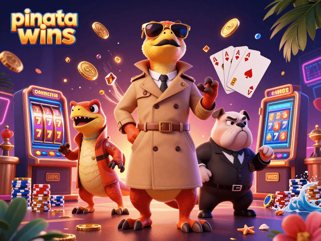 Experience pinata wins with a fun and colorful casino scene featuring playful raptors in a trench coat and vibrant game elements.
