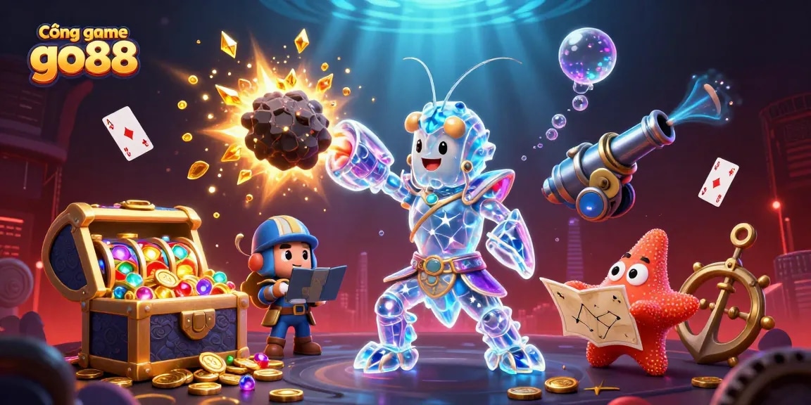 Cổng game go88 showcases a 3D mantis shrimp battling an asteroid, surrounded by lively casino elements and treasure.