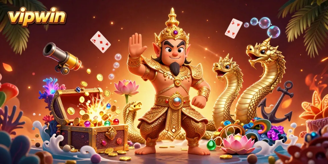 Spin and win at vipwin with vibrant 3D characters and casino treasures filling the scene.