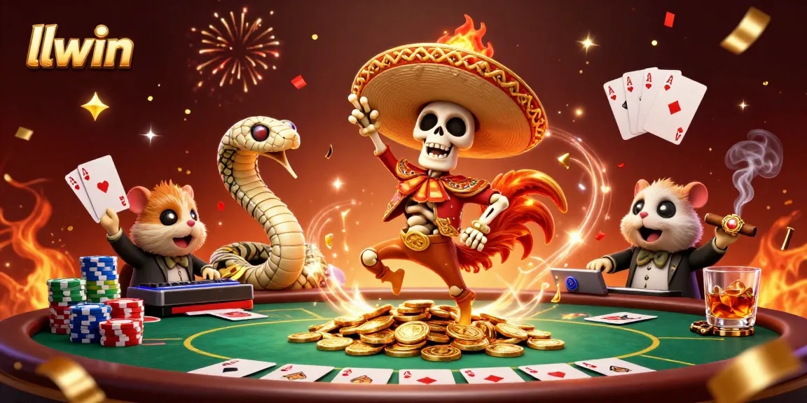 llwin engages players with a vivid casino scene featuring a festive mariachi rooster celebrating amidst golden coins and poker elements.