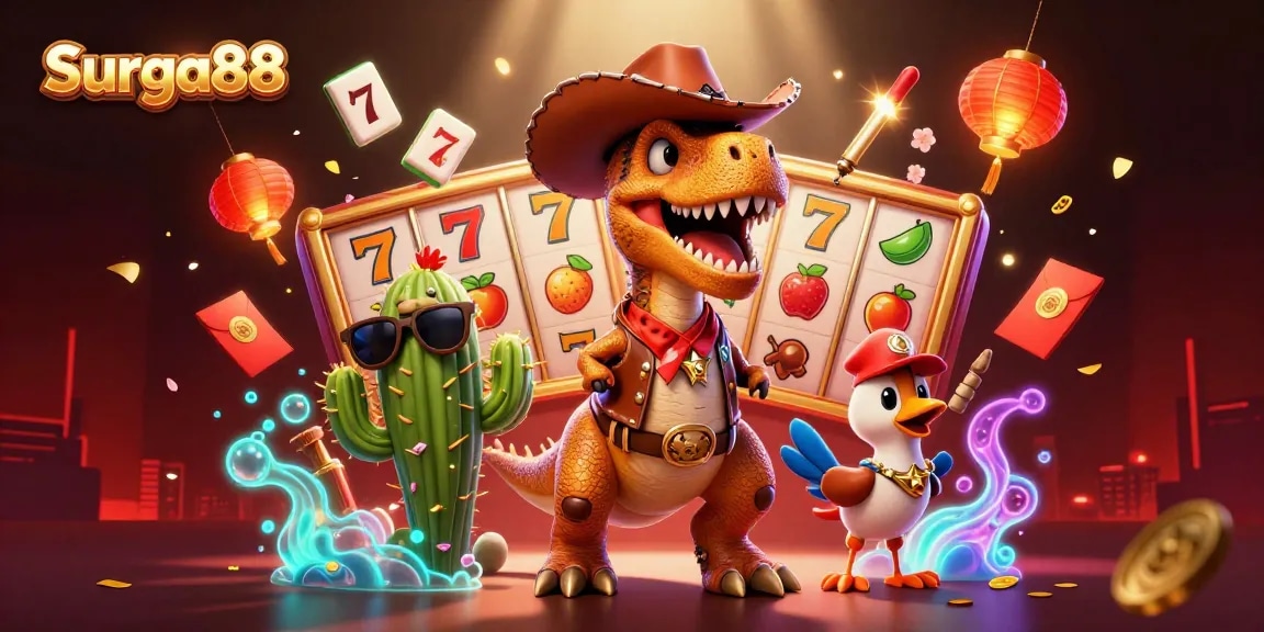 Engage in thrilling gaming adventures at Surga88 with a colorful casino scene featuring a cowboy dinosaur.