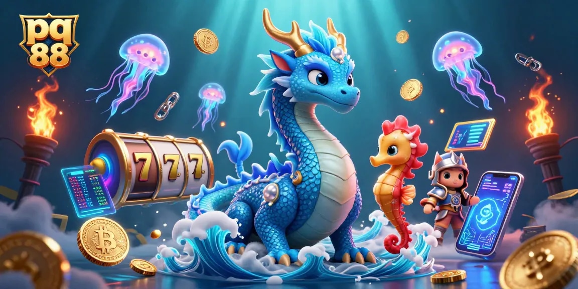 Engage with pq 88 as the azure water dragon spins slot reels among neon jellyfish in this vibrant casino illustration.