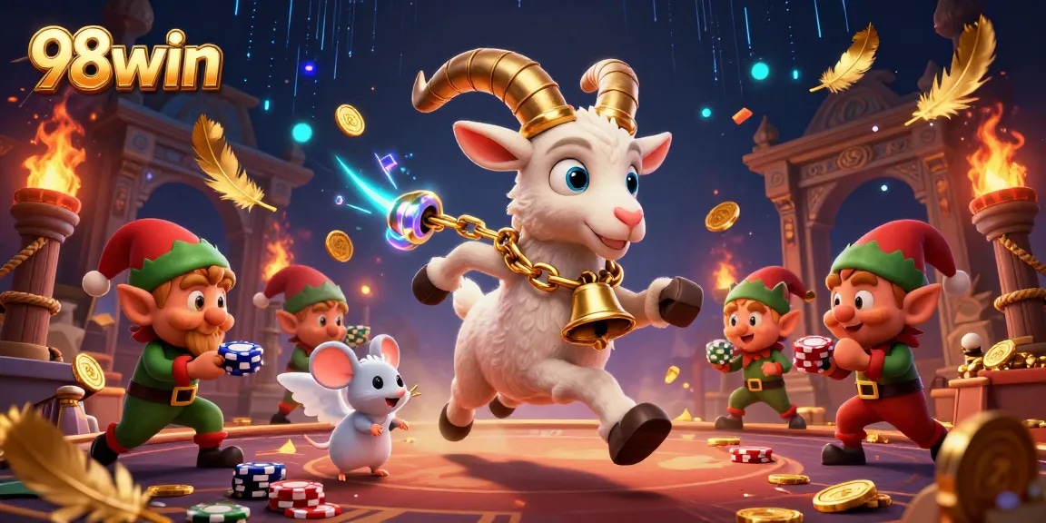 Experience thrilling adventures at 98win as Krampus and friends play amidst golden tokens and casino action.