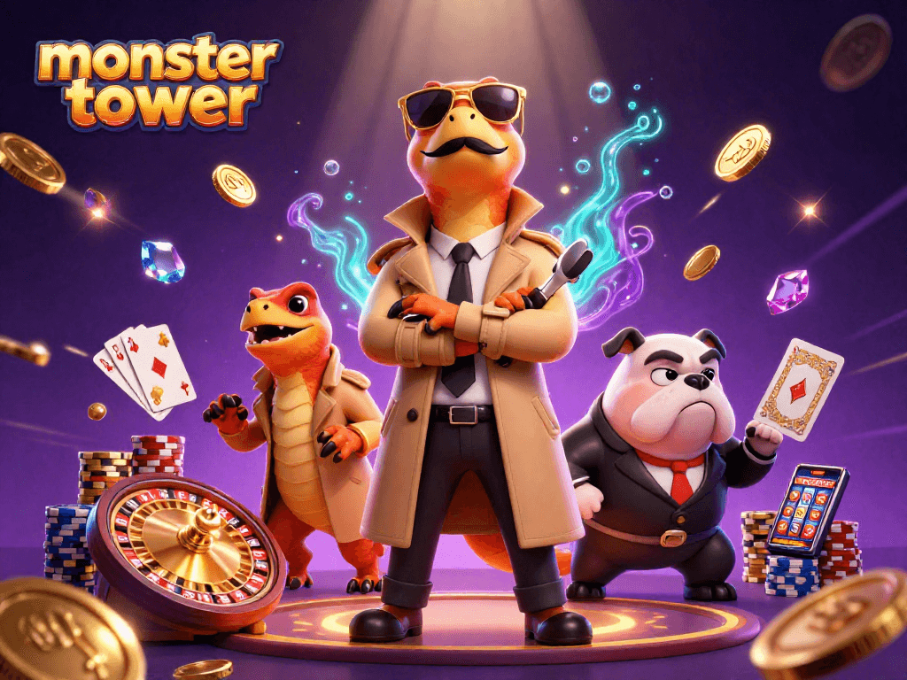 Engage in the monster tower gaming experience: raptors disguised in a trench coat at a casino.
