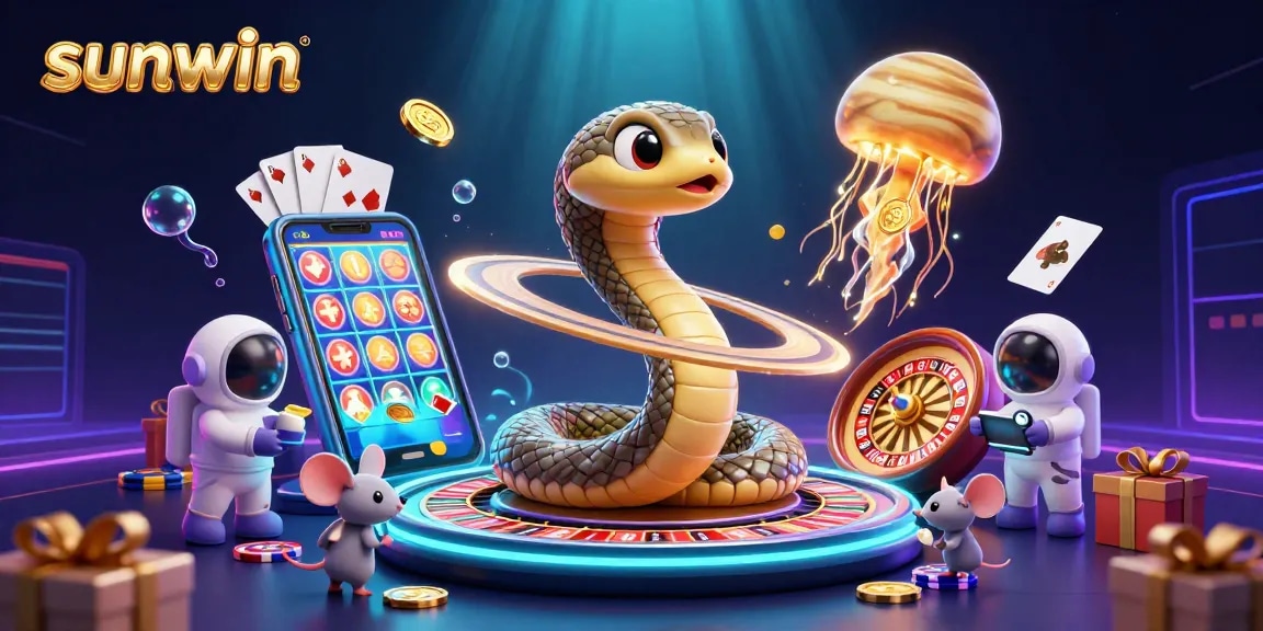Sunwin's thrilling casino scene featuring a Saturn ring snake and astronaut mice betting.