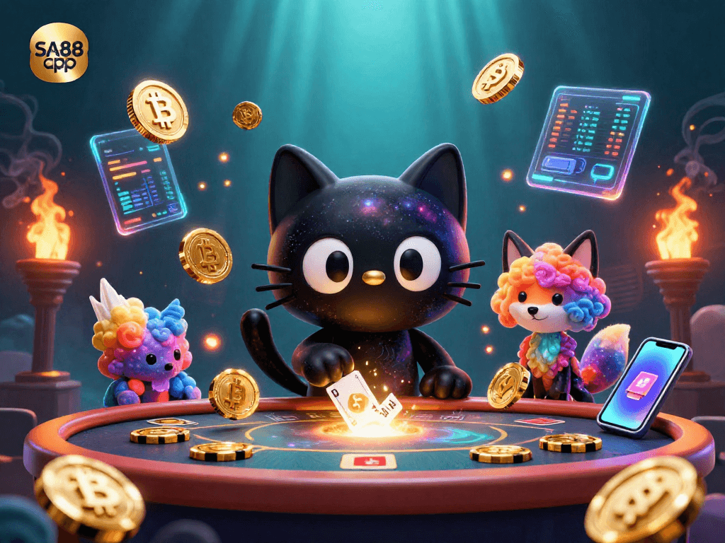 Engage with the thrilling SA88 app as our cartoon characters master casino games amidst vibrant cosmic elements.