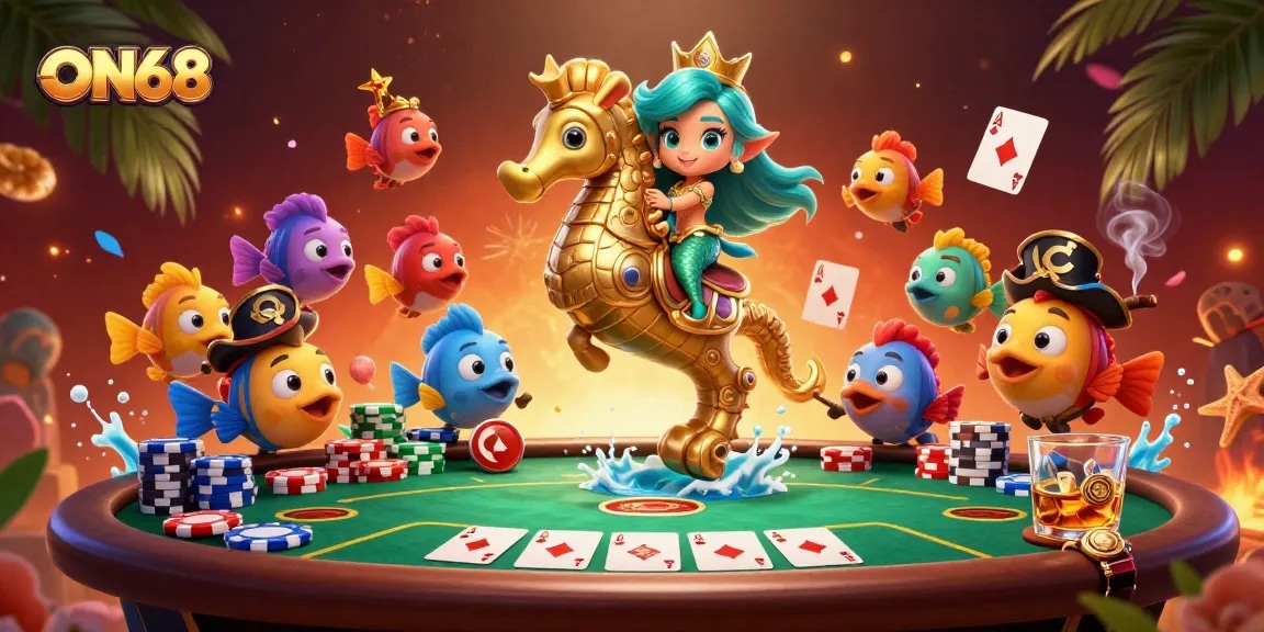 Enhance your gaming experience at ON68 with a vibrant 3D mermaid scene featuring poker excitement and charm.