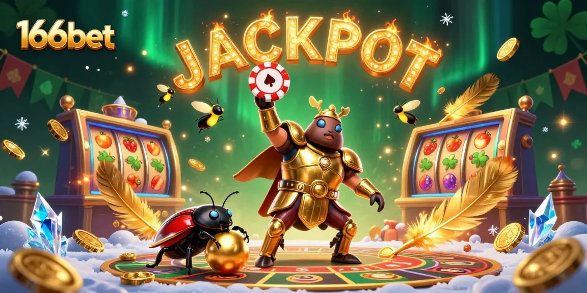 Experience the excitement of 166bet with a victory scene featuring cartoon beetles and jackpot symbols.
