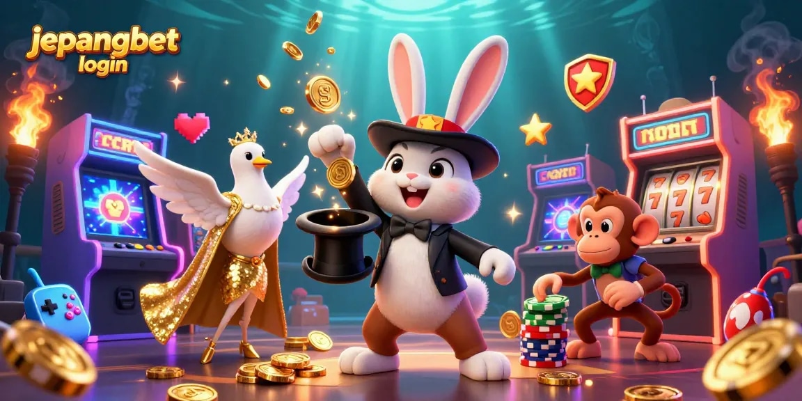 Engage with jepangbet login for exciting slot adventures, featuring a magician rabbit, dove, and monkey in a vibrant casino scene.