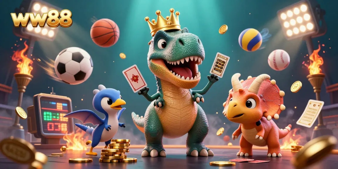 Experience engaging gameplay at ww88 with a dynamic casino scene featuring animated dinosaurs playing cards.