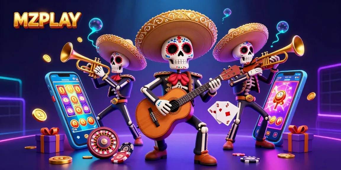 MZPLAY offers immersive gaming experiences with a mariachi band amid vibrant casino elements.