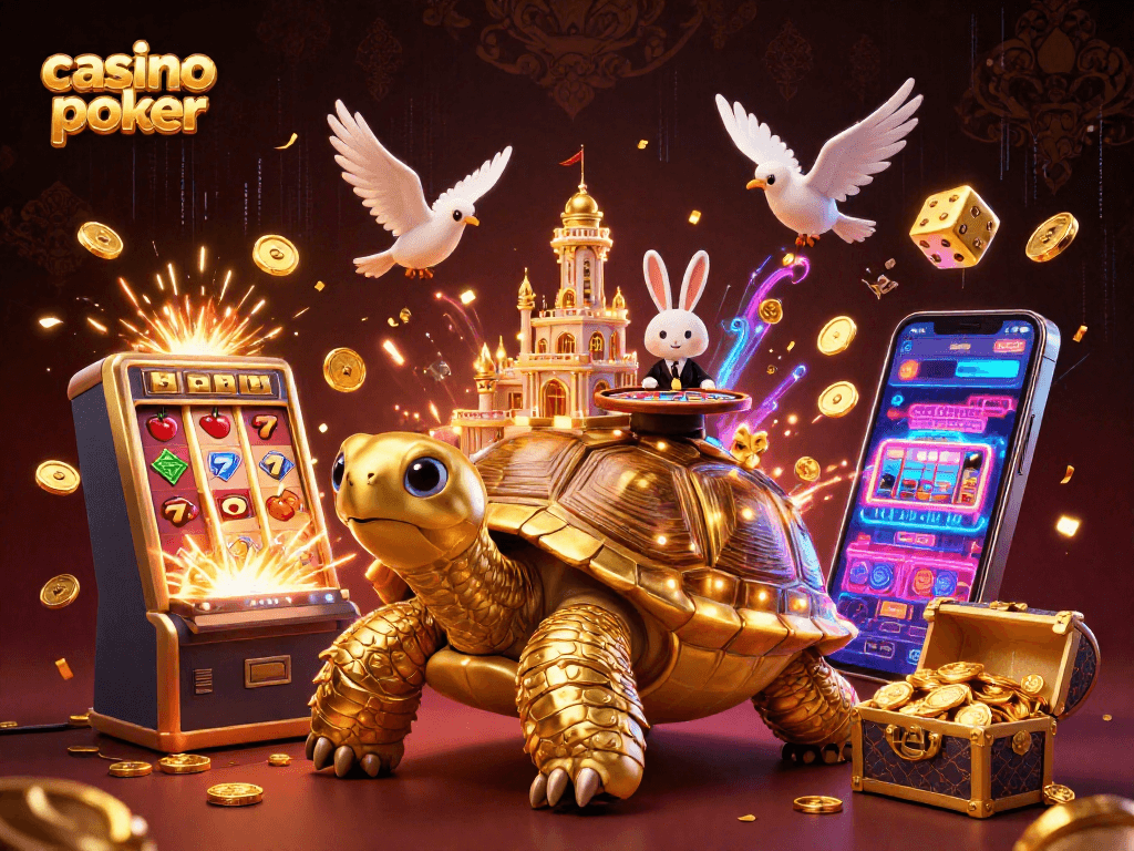 Engage in casino poker with a vibrant 3D scene of a tortoise casino, dealer, and dazzling game elements.