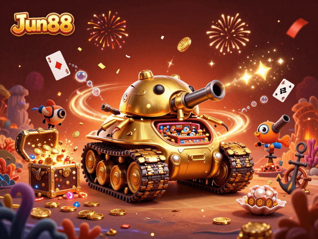 Engage with Jun88's thrilling gaming adventure featuring a gold beetle tank and underwater treasures.