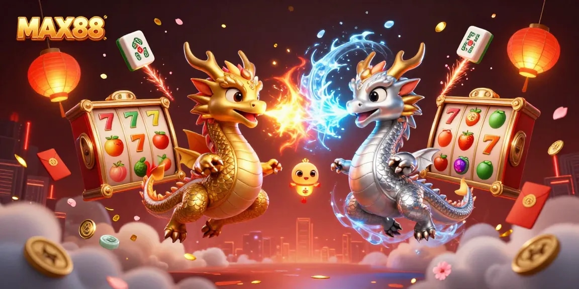 MAX88 features twin dragons amidst vibrant slot game elements for exciting casino visuals.